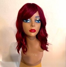 NWOT- Deep Red Wavy Mid-Length Wig with Bangs