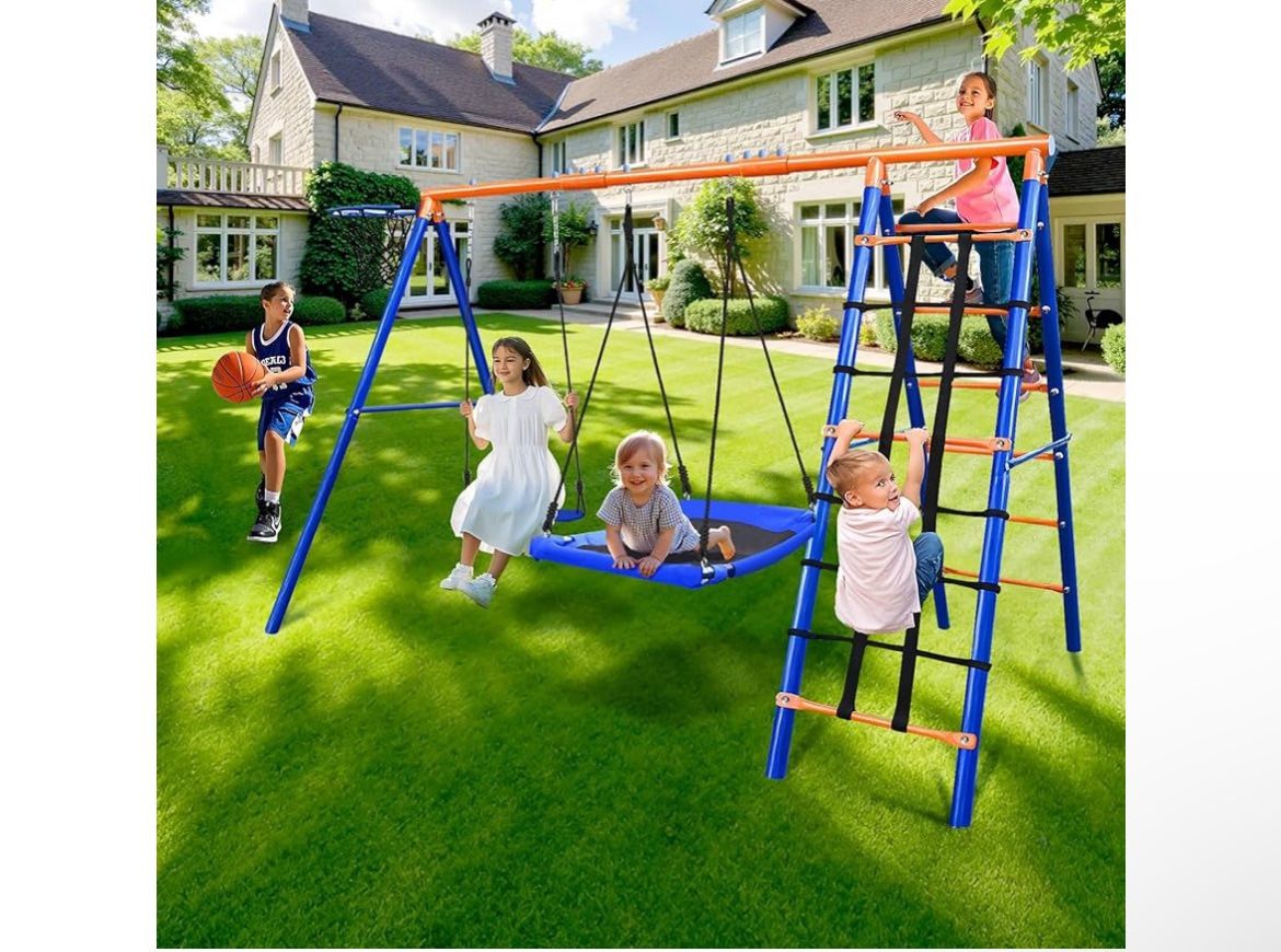 5-in-1 Heavy-Duty Metal Swing Set for Backyard - 500lb Capacity Outdoor Playset with Basketball Hoop & Climbing Rope