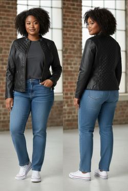 "New Look" Women's Size 1X Black Biker Jacket Gold-Toned Zip Front Zip Pockets. This New Look black faux leather jacket features diamond-quilted shoul