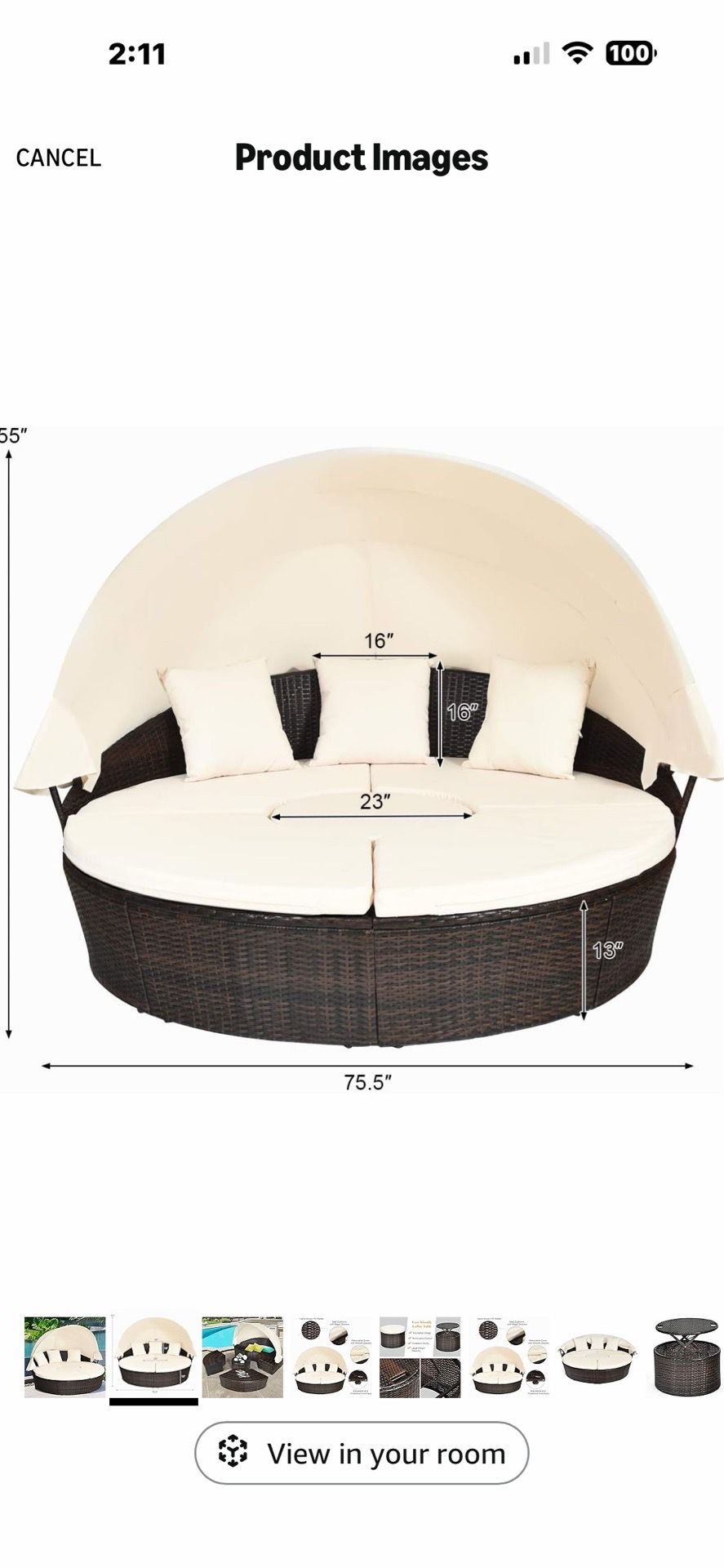 TWO Patio Round Daybed with Retractable Canopy, Wicker Furniture Sectional Couch with Separate Cushioned Seats, Adjustable Table Top, Patio Rattan Day
