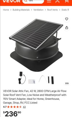 VEVOR Solar Attic Fan, 42 W, 2800 CFM Large Air Flow Solar Roof Vent Fan, Low Noise and Weatherproof with 110V Smart Adapter, Ideal for Home, Greenhou