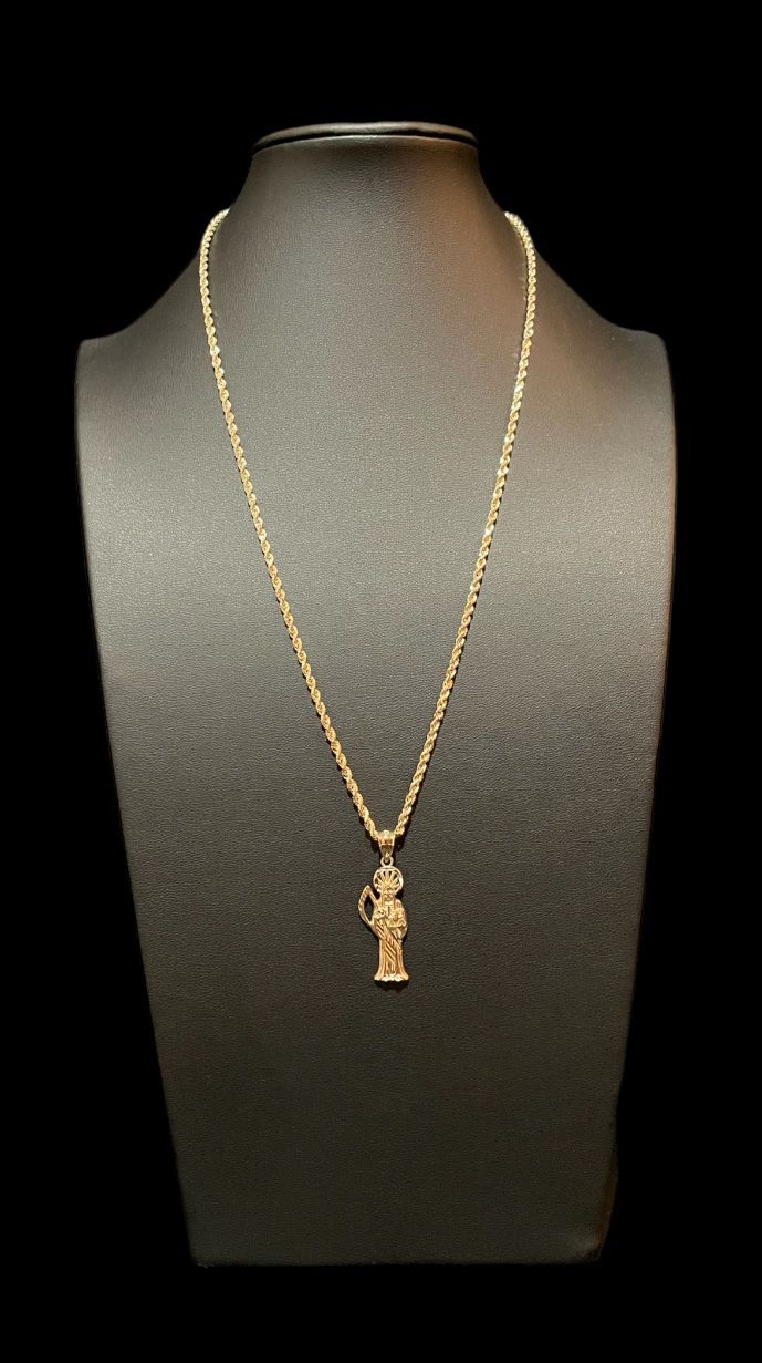 22” 2.5mm 14K Yellow Gold Rope Chain With 14k Sante Muerte Pendant 