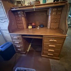 4'2" Roll Top Desk, Vintage Secretary Desk with Hutch Home/Office Desk Library