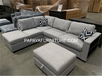 Reversible New Plush Sectional Sofa, Fabric Couch, Grey Sofa, Gray Couch, Sectional with built-in Shelves armrest, Sectional and Ottoman, Storage Otto