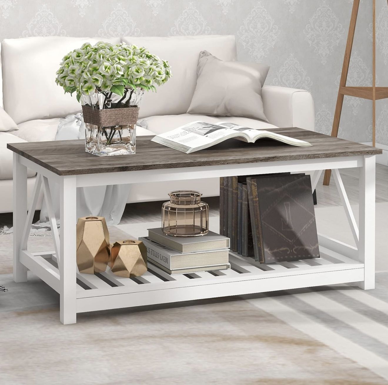 Wooden Farmhouse Coffee Table Rectangular Oak Grey