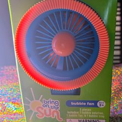 Bring on the Sun Bubble Fan! New! Includes 1 bubble solution, 1 bubble fan, and 1 bubble tray. Ages 3+.  Located in Tarzana!