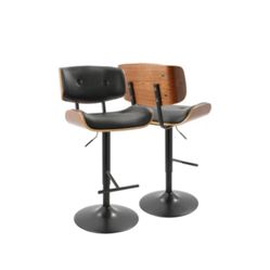 Lofi Black Faux Leather + Walnut 34" Adjustable Barstool With Black Metal Footrest | Armless
