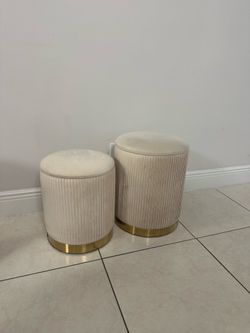 Set of 2 Round Storage Ottomans – Cream & Gold