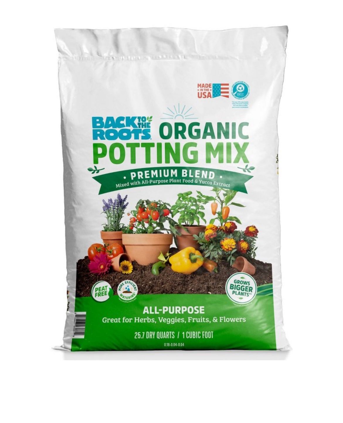 Back To The Roots 25.7qt Organic Potting Mix Premium Blend All Purpose Soil For Flowers & House Plants Peat- free