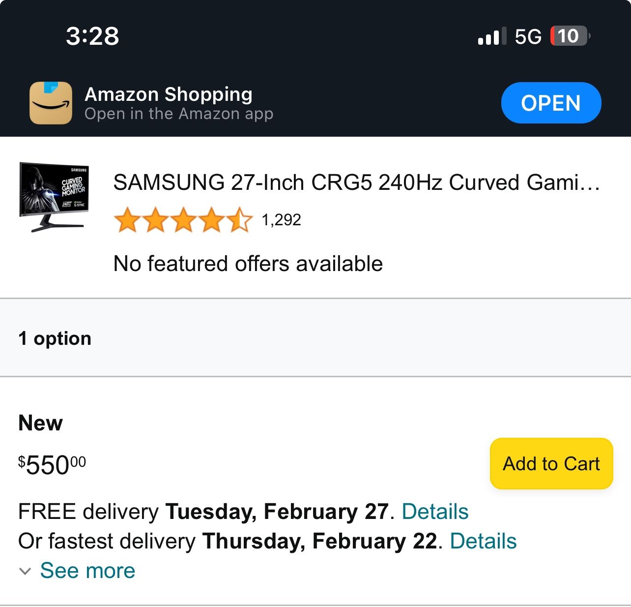 SAMSUNG 27-Inch CRG5 240Hz Curved Gaming Monitor