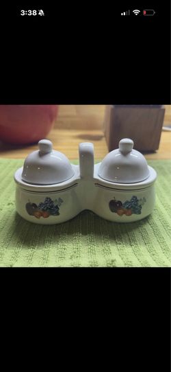 The Houston Harvest Fruit Pattern Ceramic Double Sugar Bowl w/ 2 Lids, Handles