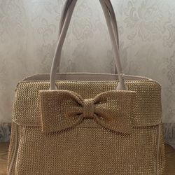 Aldo Woven Texture Gold Bow Tote Bag Purse Handbag 