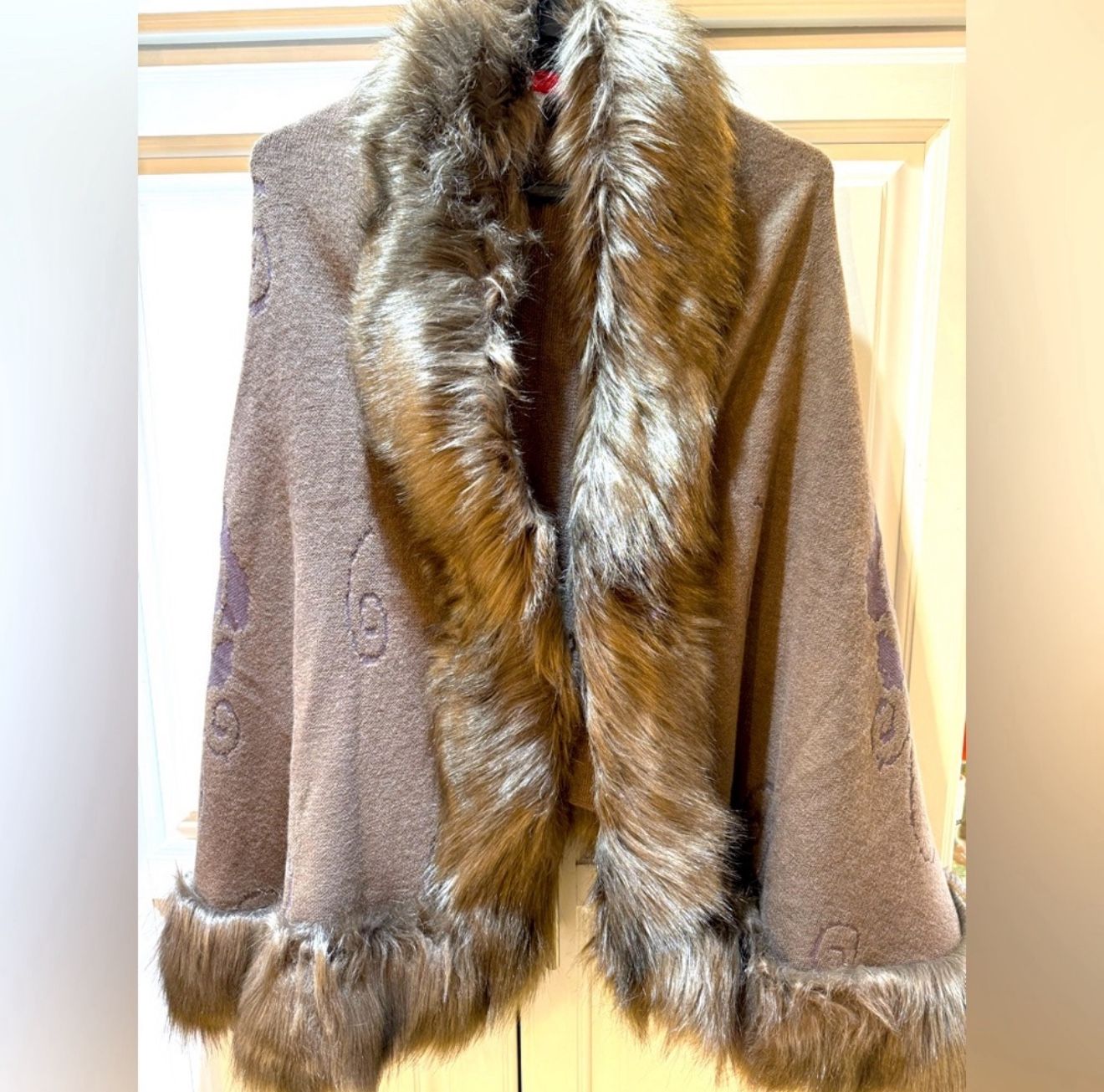 Brown Faux Fur Trim Cape Cardigan one size
