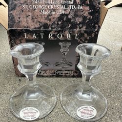 Latrobe 24% Full Lead Crystal Glass Candlestick Candle Holders St George 4" USA