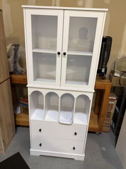 New 71"Tall Storage Cabinet with 4Arched Compartments, Modern Bookcase with 2 Drawer