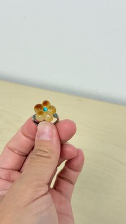 Natural Amber Flower Adjustable Sterling Silver Ring