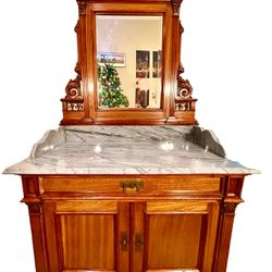 ** L@@K @ Rare Victorian Antique Eastlake** Carved Walnut Washstand & Mirror w/Marble Top** Great Condition**