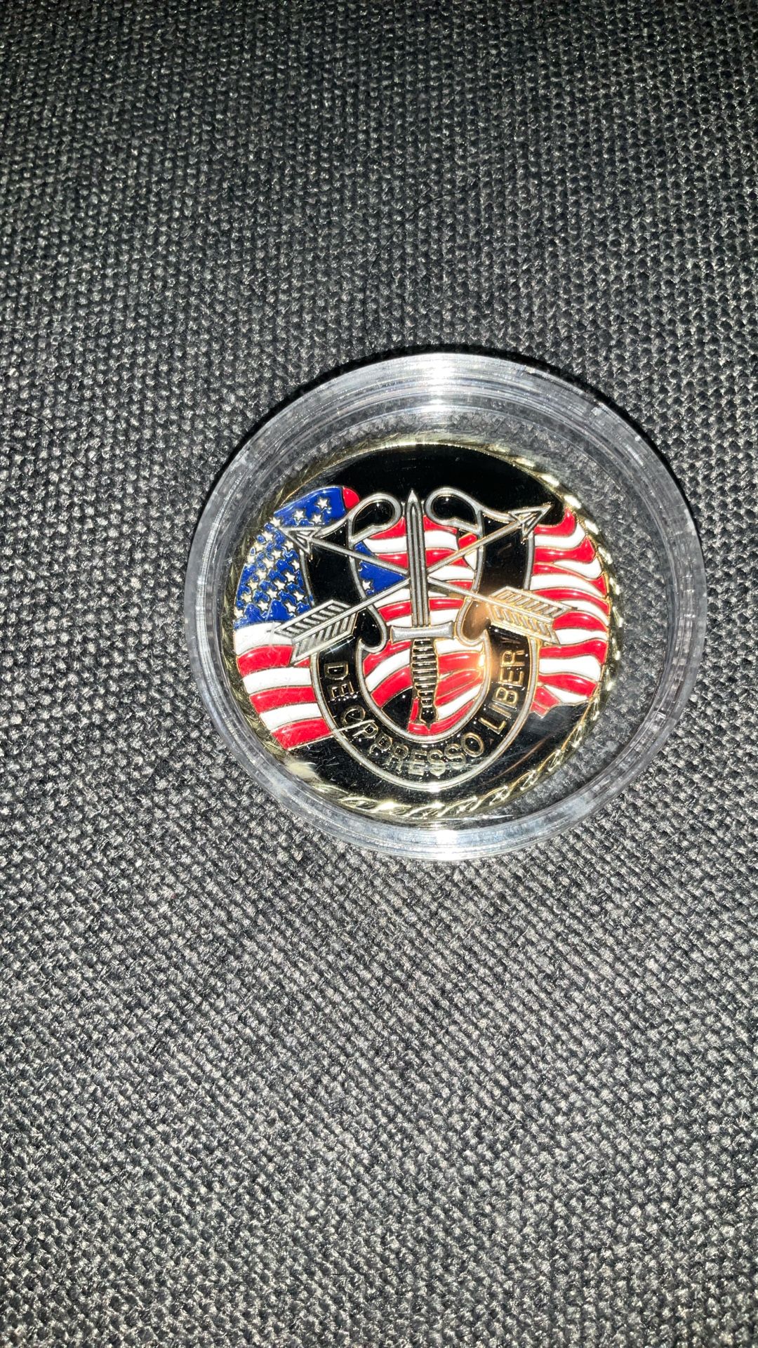 U.S army special forces challenge coin in protective case