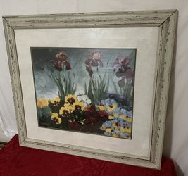 Iris and pansies print in distress frame double matted Nolde is the artist 