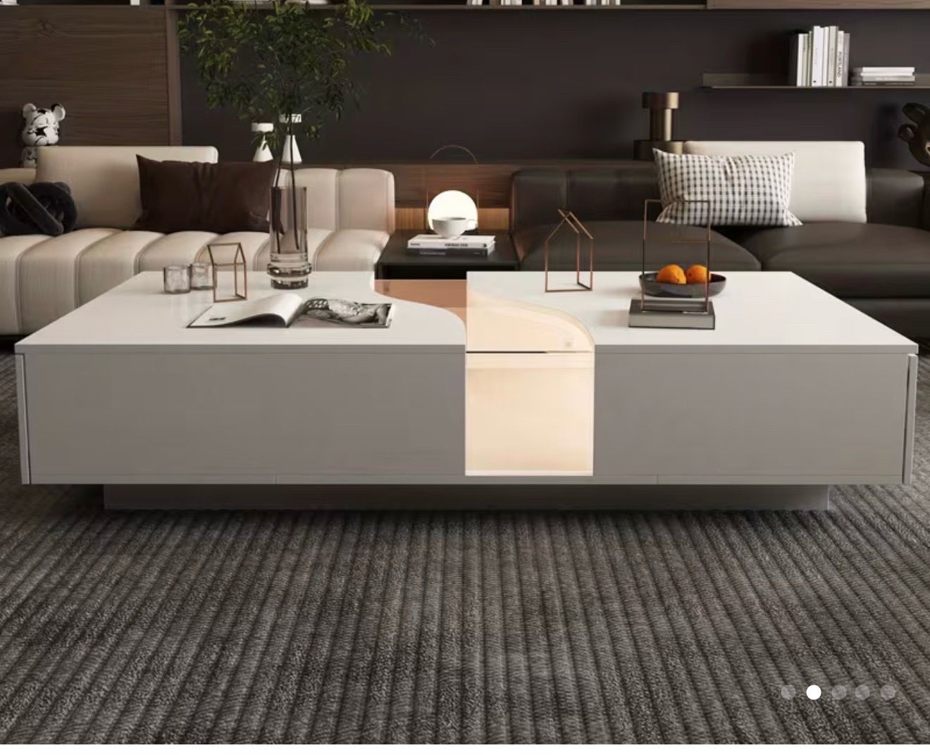 Modern White Coffee Table Adjustable LED Lights 2 Drawers Tempered Glass Top
