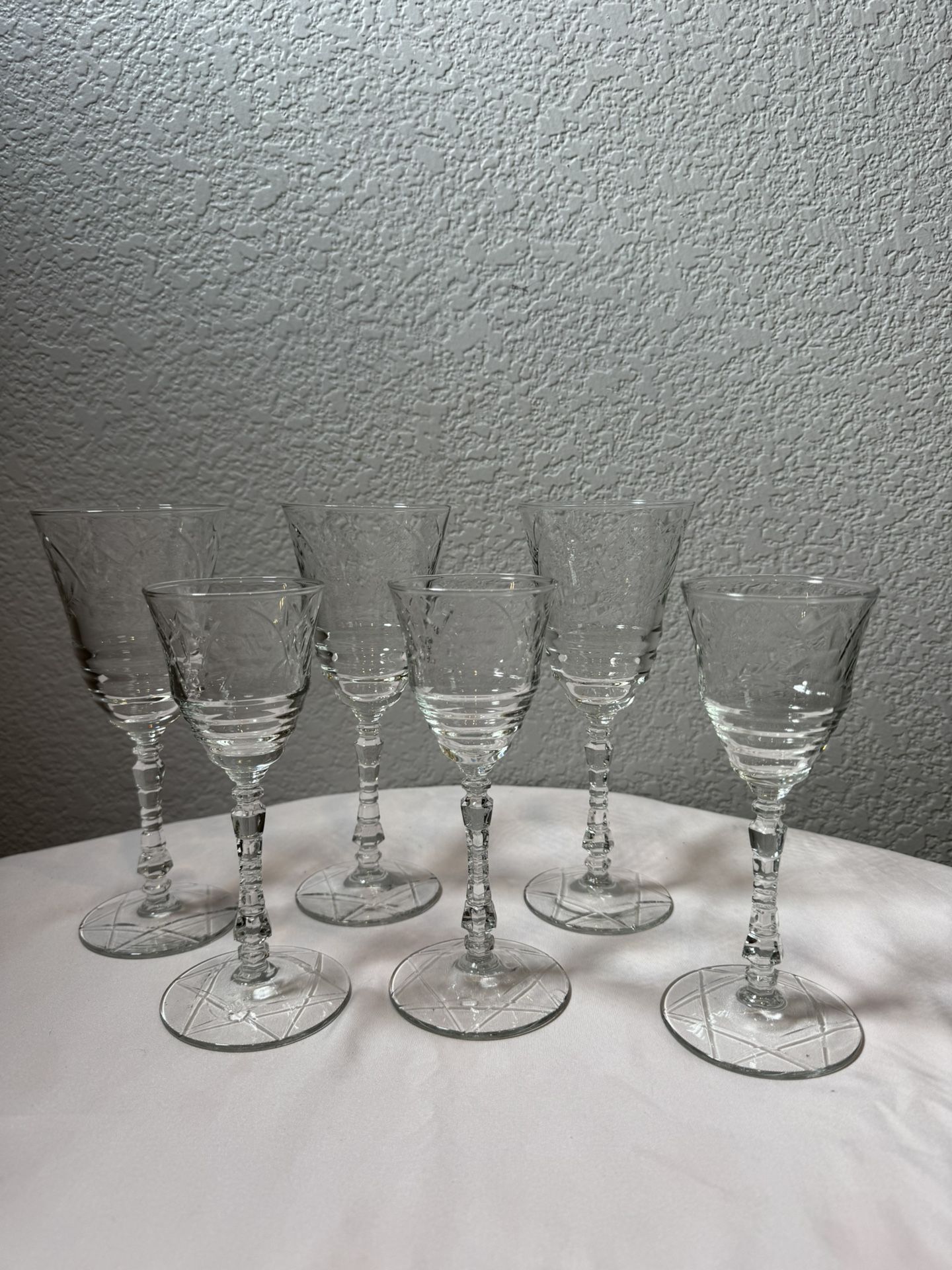 Vintage American Crystal Wine Glasses Set of 6 Etched Floral Design