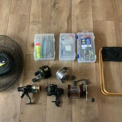 Fishing Gear- 5 Reels, Hooks & Lures, Fold Up Seat, Fish Basket