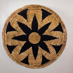 Threshold Round Banana Bark and Black Yarn Wall Sculpture