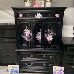 French Boho Style Wooden Tall Dresser Or Chalet This Piece Has Been Refurbished Colors Black And Pastels 