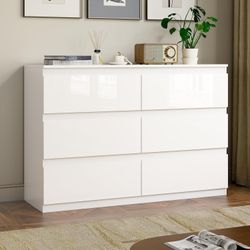 White Wood Dresser, 6 Drawer Dressers for Clothes Storage for Bedroom, Modern Dresser with Wide Drawers, Wide Wooden Chest Drawers for Living Room, En