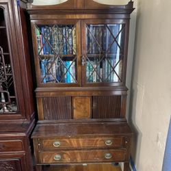 Antique Mahogany Bookcase Cabinet With Glass Doors and Brass Accents