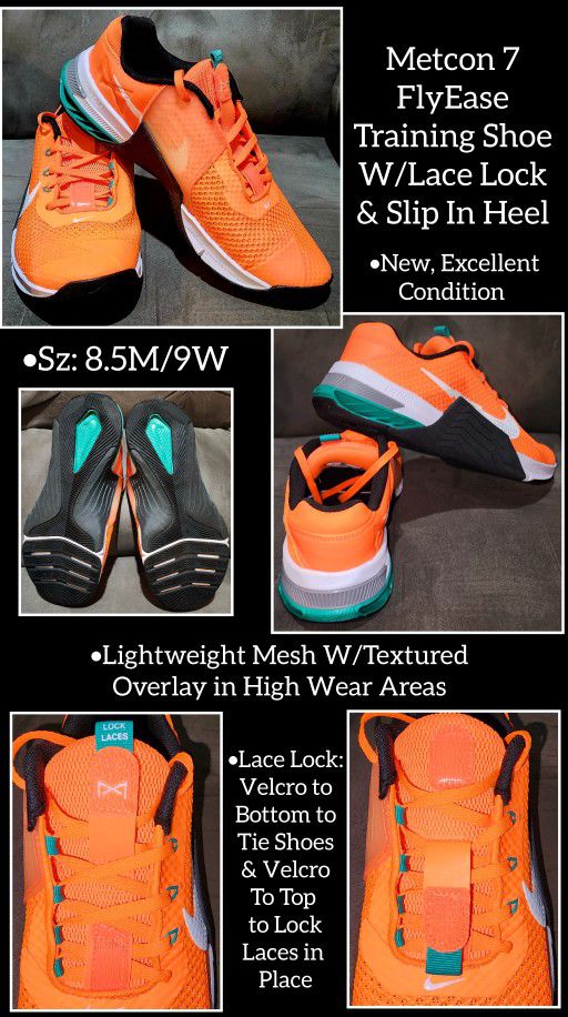 Nike Metcon 7 FlyEase Training Shoes W/Lace Lock & Slip In Heel 8.5M/10W, NEW, Never Worn