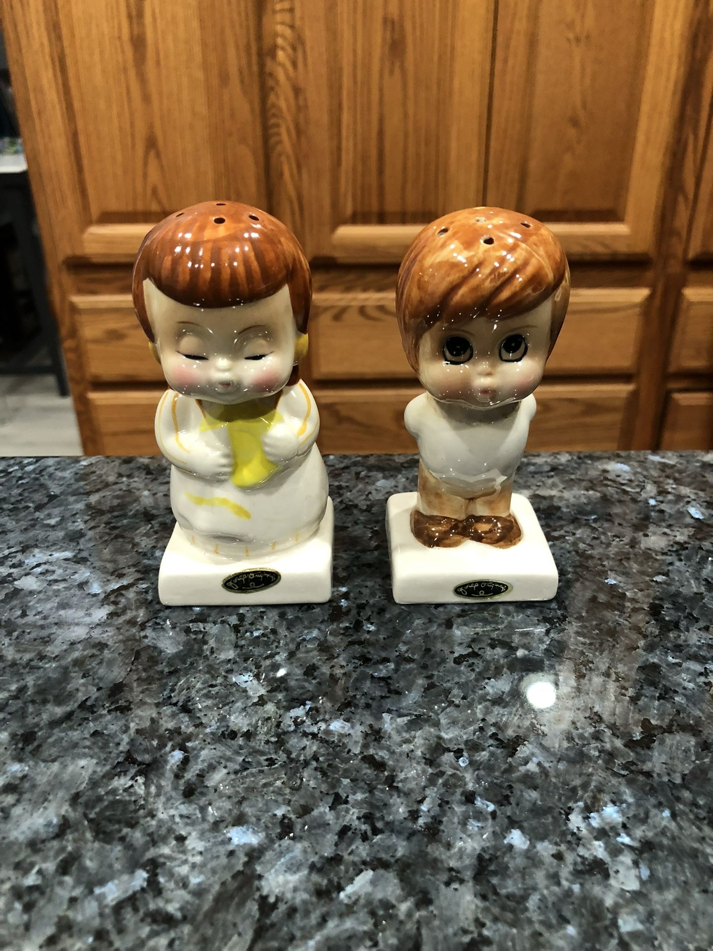 Porcelain Salt & Pepper Shakers "Happiness Springs" By Josef Originals. Size approximately 4 inches tall.
