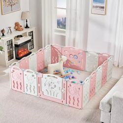 18 PCS Baby Playpen, Upgraded Portable Foldable Baby Fence with Game Panel and Safety Gate