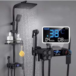 Sponsored Brand: SGeneE Exposed Shower System Black LED Digital Display Thermostatic Shower Faucet Set Brass Bathtub Faucet Wall Mounted 4 Function Ra