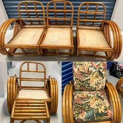 Vintage bent rattan Pretzel sofa, armchair & Ottoman Paul Frankl Style lounge chair 