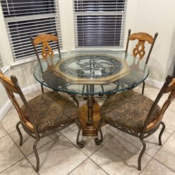 4ft Round Glass Top Dining Table (chairs Need Reupholstering)