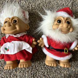 Vintage 90s Christmas Santa & Mrs. Clause Troll Dolls 