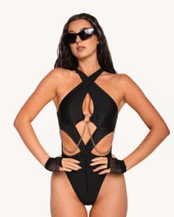 I heart raves black chain bodysuit