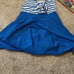 Blue & White Striped One-Piece Swim Dress