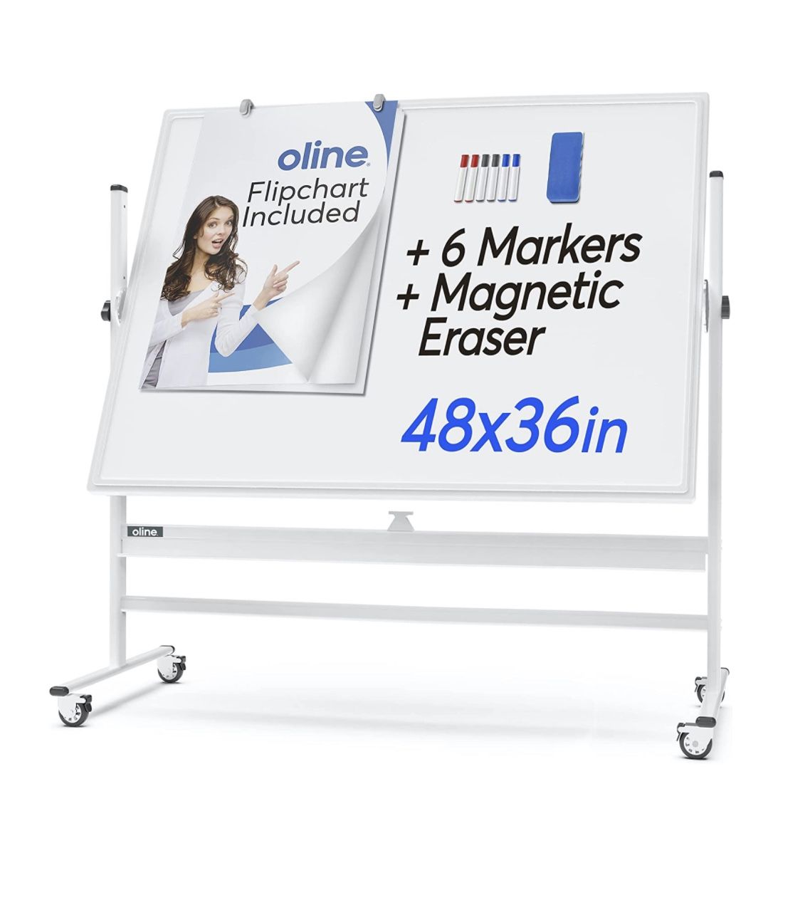 Never used new Mobile Whiteboard 48 x 36" Inch Large Height Adjust 360° Rolling Double Sided Reversible Dry Erase Board (48x36, White & Silver)