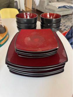 Red & Black Dinnerware Set — Plates + Bowls