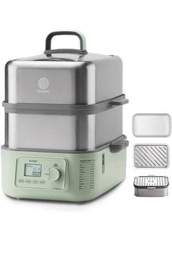 BUYDEEM G67US-A503 Electric Food Steamer for Cooking, 2 Tire Stainless Steel Steamer with Manual Mode, 1500W, 14 Quart, Green