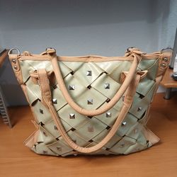 Chocolate New York Beige Purse Weave Grommets Bag Satchel Large 