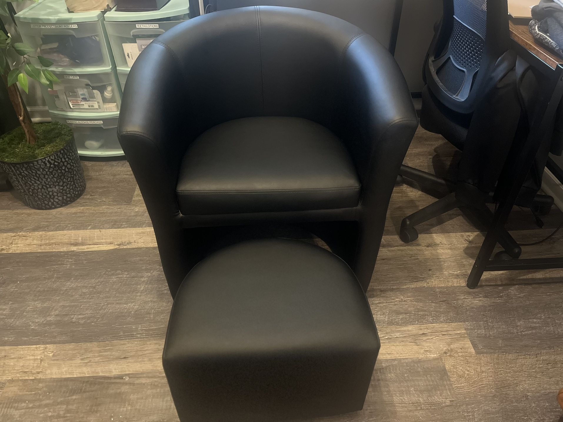 Black Faux Leather Barrel Chair with Matching Ottoman