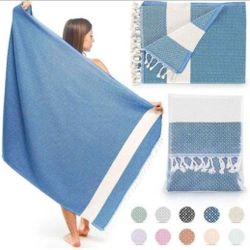 New Turkish Beach Towel 100% Cotton Peshtemal Travel Camping Bath Sauna Beach Gym Pool Blanket Gift Quick Dry Sand Free Beach Towel - Blue