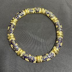 Signed Piscitelli VTG Polish Gold Navy Enamel & Crystal Rhinestones Necklace 16"