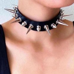 Extra Long Silver Spikes Punk Style Choker Faux Leather necklace Unisex Women Men collar Goth necklace / Faux leather  silver Spikes - Boho Tribal 