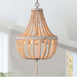 3-Lights Wood Bead Chandelier Boho Light Fixture,Antique Rustic 