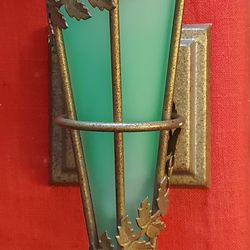 Rare Vintage Art Deco Wall Sconce, Non-Electrical Metal With Frosted Ocean Green Glass Insert!