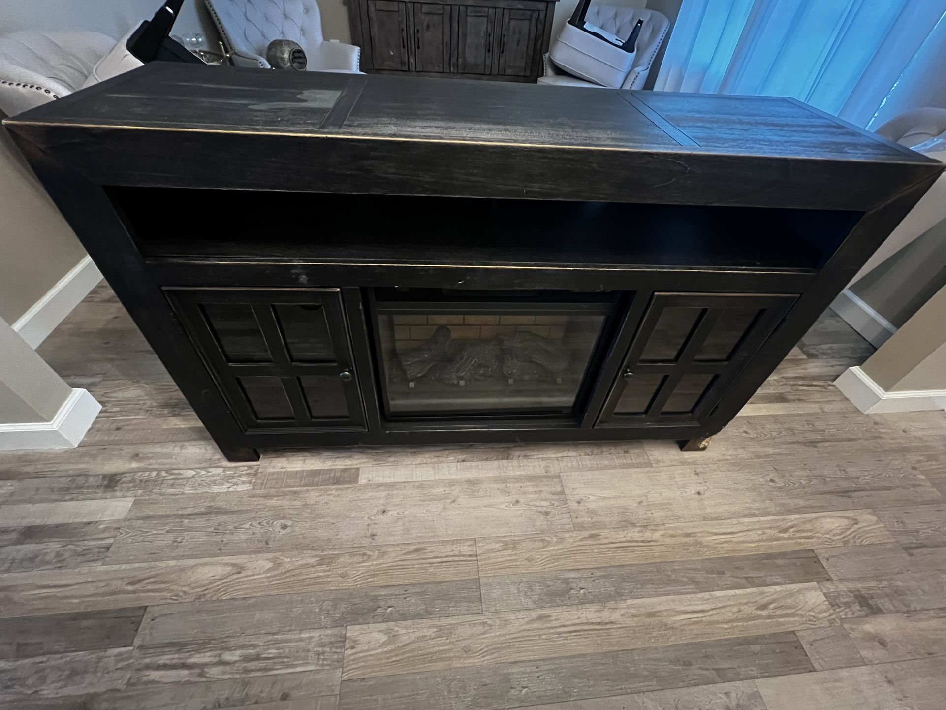 Weathered Wood Entertainment Center With Electric Fireplace Insert